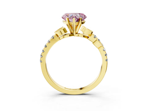 Yellow gold Fancy Pink Heart Cut Solitaire Leaf-Inspired Diamond Ring with Pavé Band and Four-Prong Setting_3