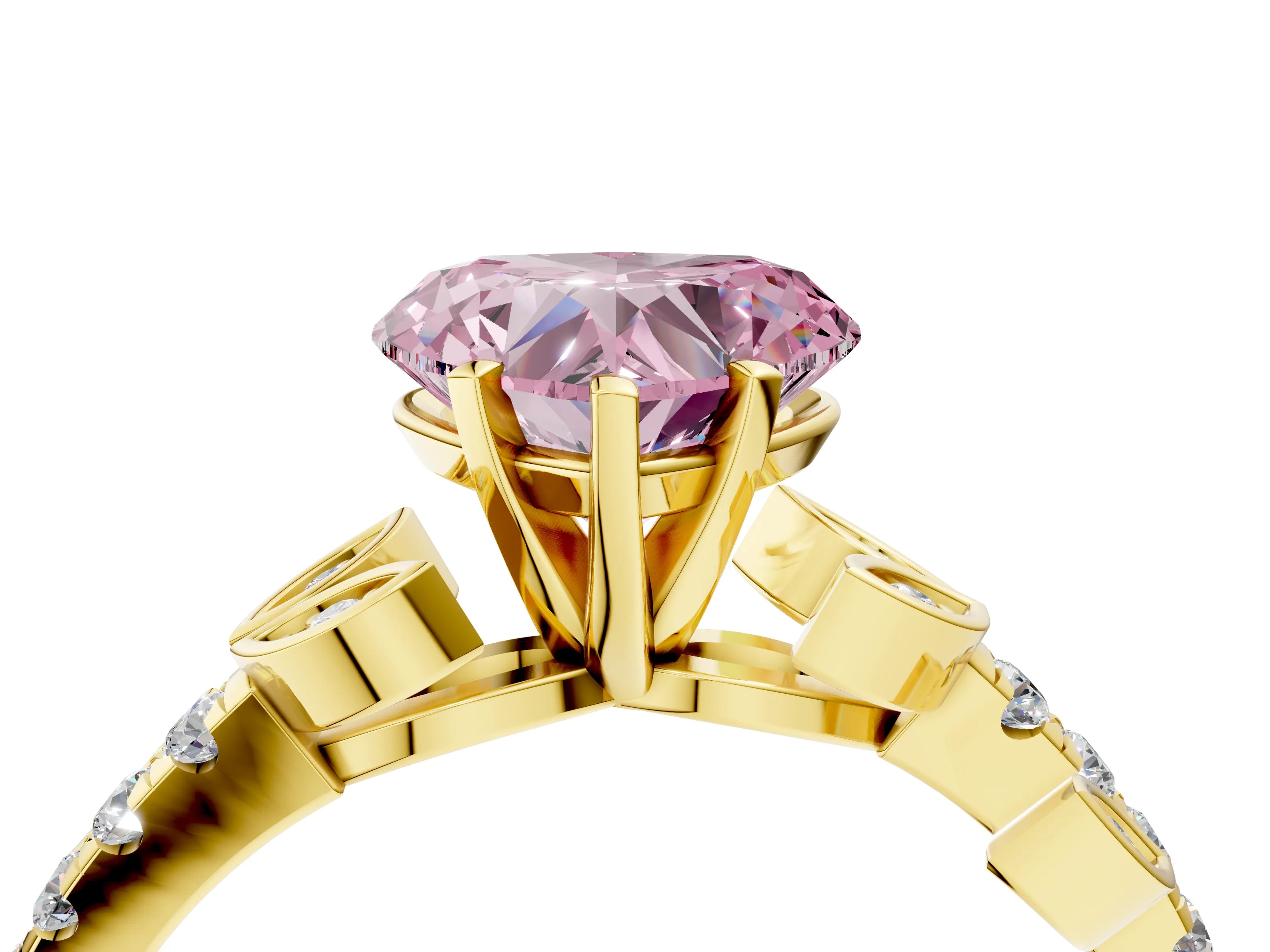 Yellow gold Fancy Pink Heart Cut Solitaire Leaf-Inspired Diamond Ring with Pavé Band and Four-Prong Setting_4