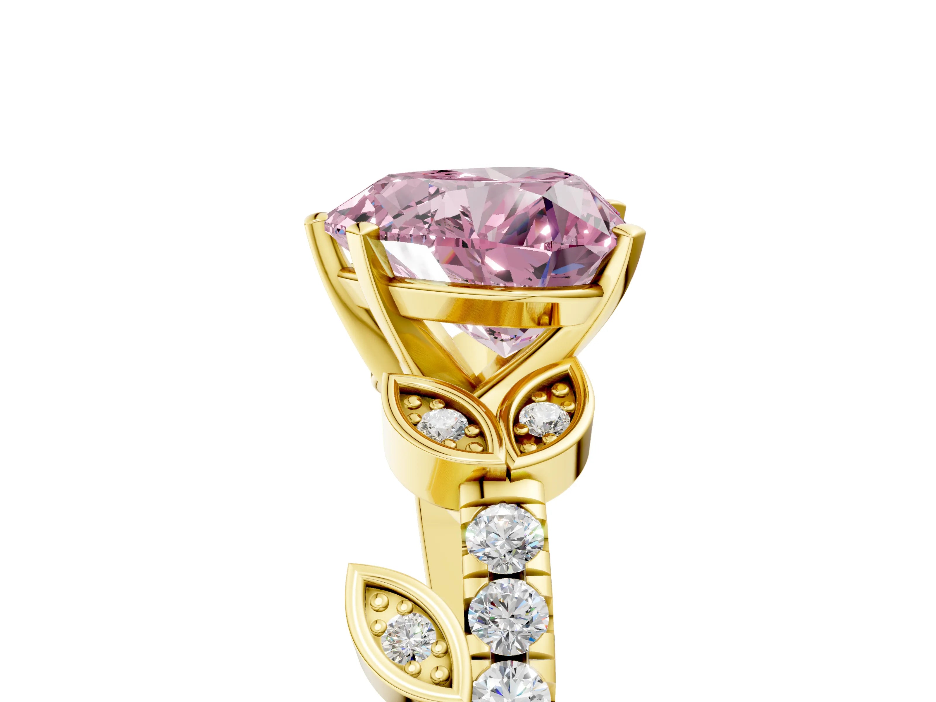 Yellow gold Fancy Pink Heart Cut Solitaire Leaf-Inspired Diamond Ring with Pavé Band and Four-Prong Setting_5
