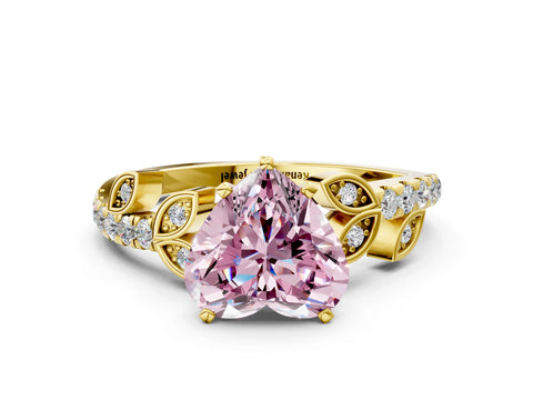 Yellow gold Fancy Pink Heart Cut Solitaire Leaf-Inspired Diamond Ring with Pavé Band and Four-Prong Setting