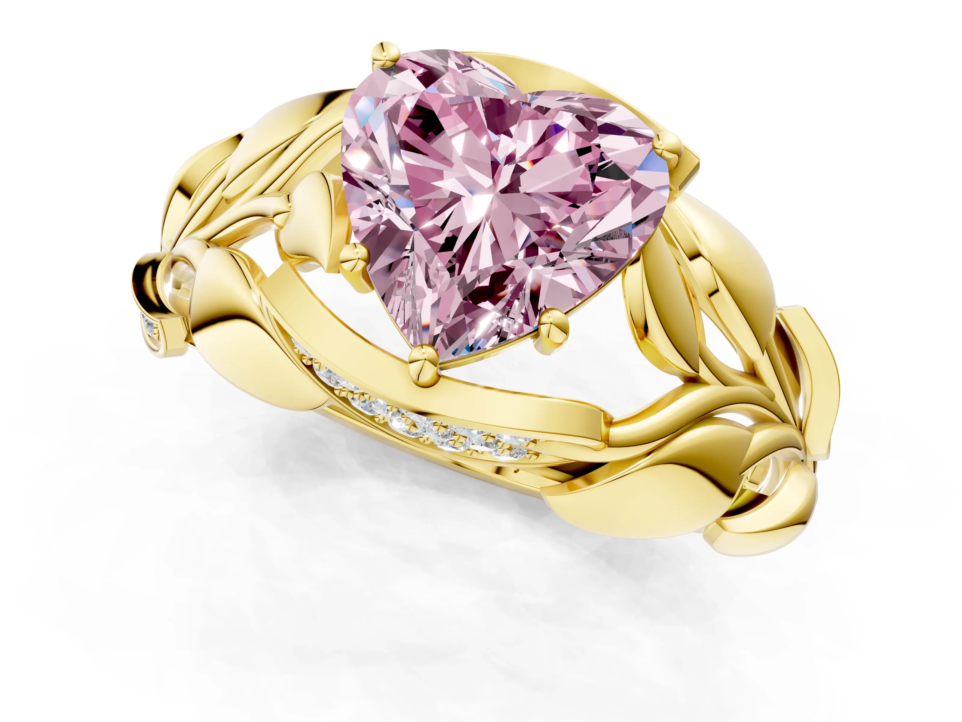 Yellow gold Fancy Pink Heart Cut Solitaire Leaf-Inspired Engagement Ring with Prong Setting_1