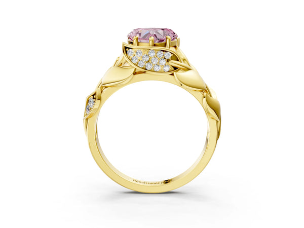 Yellow Gold Heart-Shaped Pave Leaf Bypass Engagement Ring Setting for Fancy Pink Center