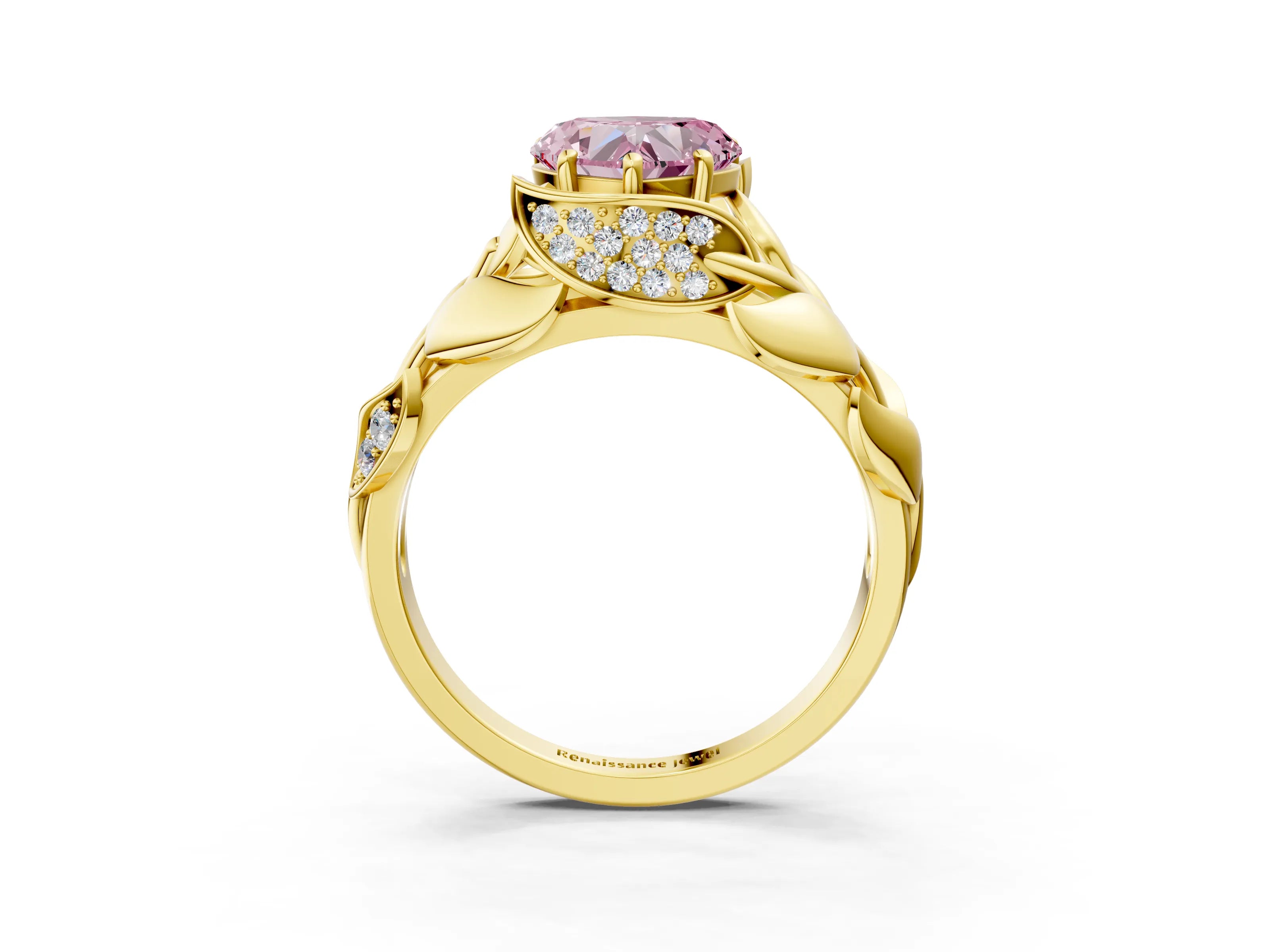 Yellow gold Fancy Pink Heart Cut Solitaire Leaf-Inspired Engagement Ring with Prong Setting_3