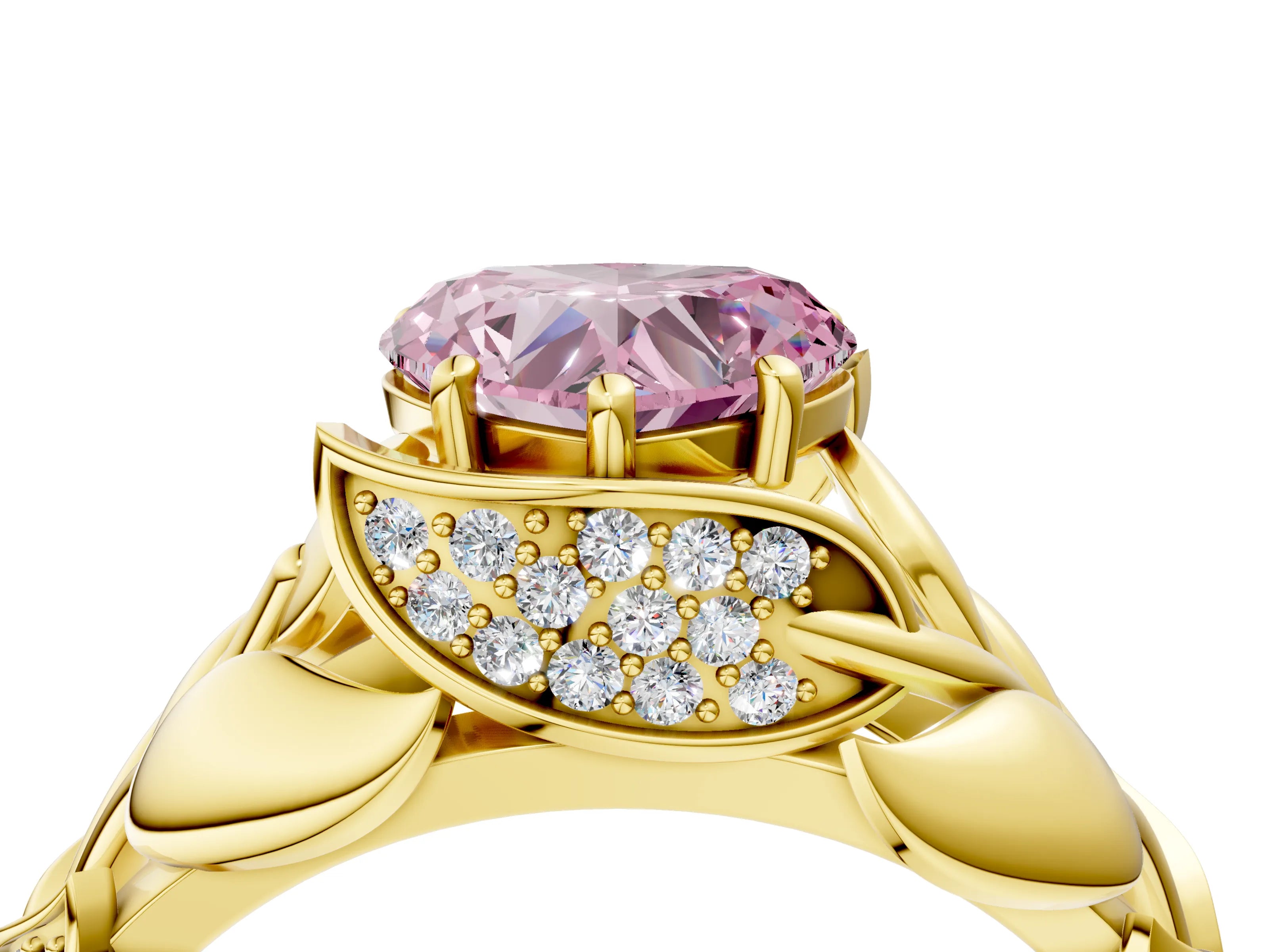 Yellow gold Fancy Pink Heart Cut Solitaire Leaf-Inspired Engagement Ring with Prong Setting_4