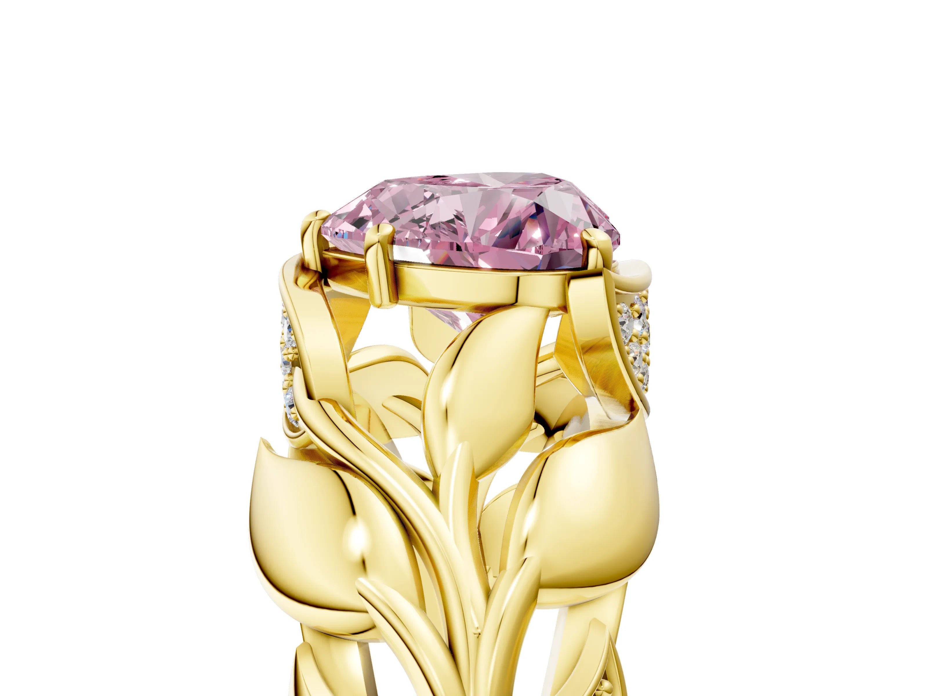 Yellow gold Fancy Pink Heart Cut Solitaire Leaf-Inspired Engagement Ring with Prong Setting_5