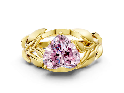 Yellow gold Fancy Pink Heart Cut Solitaire Leaf-Inspired Engagement Ring with Prong Setting