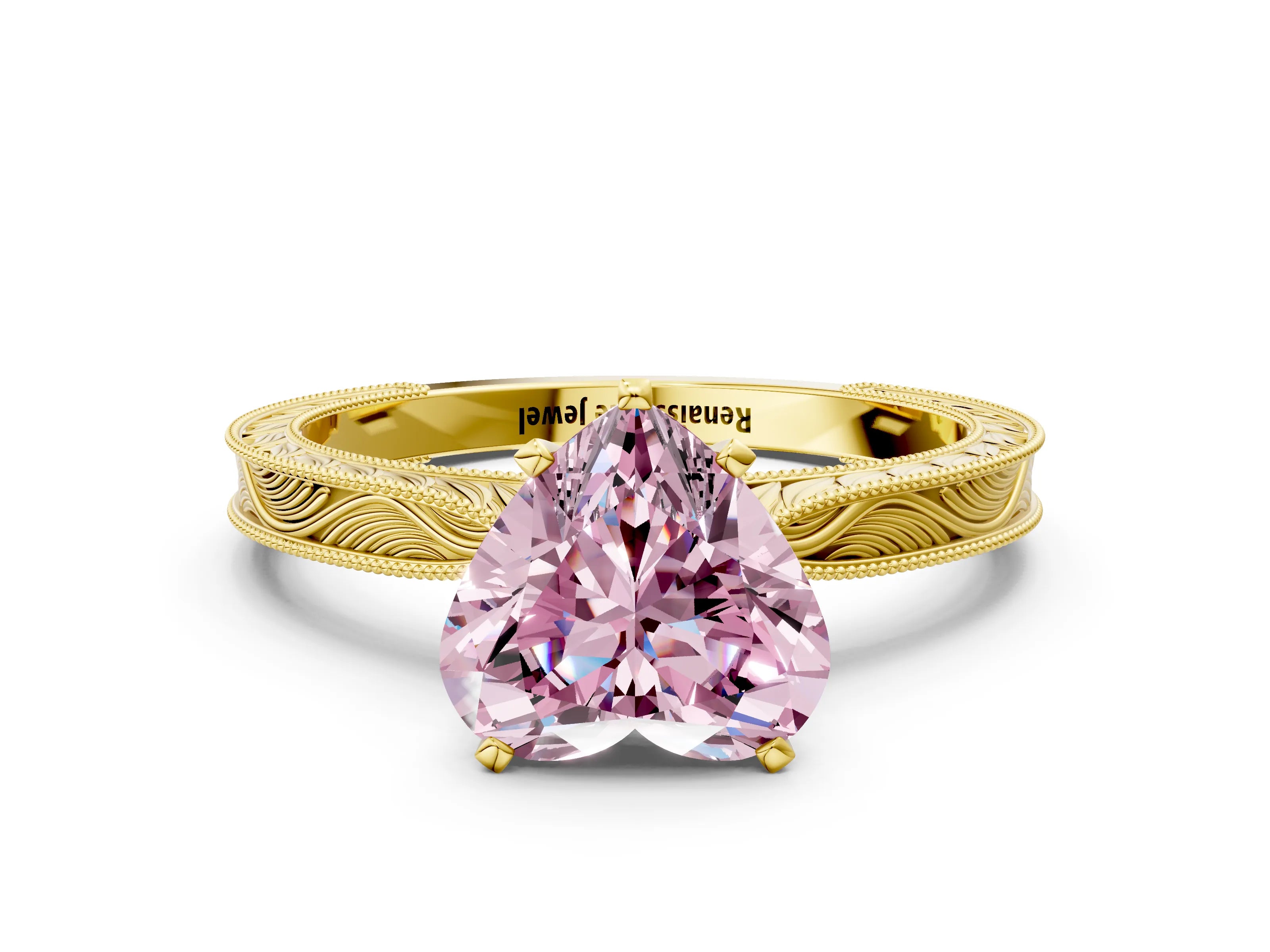 Yellow gold Fancy Pink Heart Cut Solitaire Milgrain Engraved Band with Four-Prong Setting