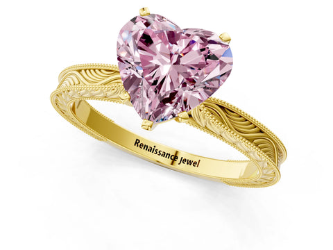 Yellow gold Fancy Pink Heart Cut Solitaire Milgrain Engraved Band with Four-Prong Setting_1