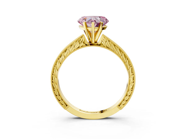 Yellow Gold Heart-Shaped Solitaire Engagement Ring Setting for Fancy Pink Center with Engraved Band