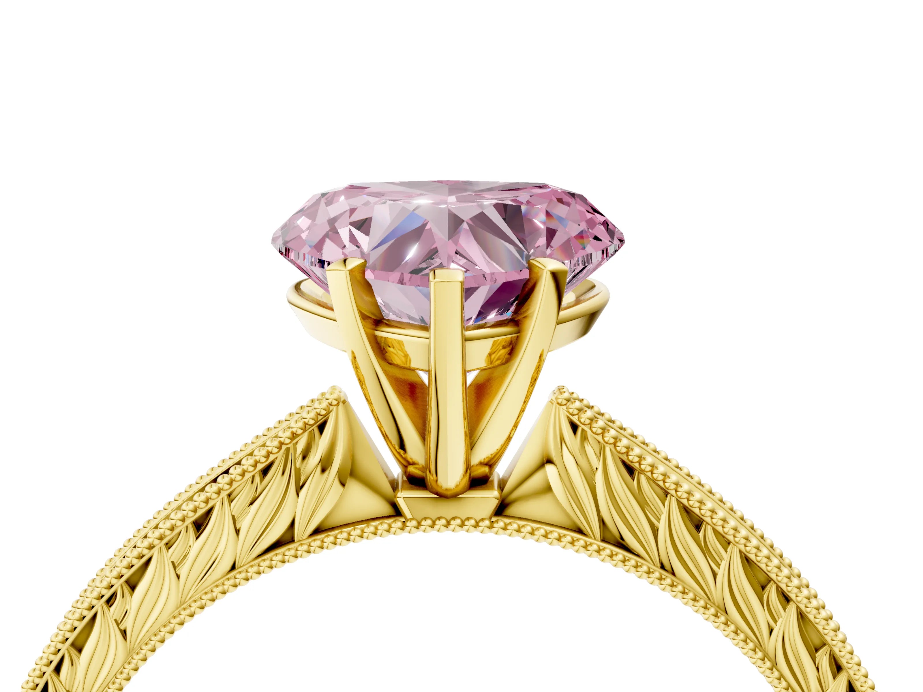 Yellow gold Fancy Pink Heart Cut Solitaire Milgrain Engraved Band with Four-Prong Setting_4