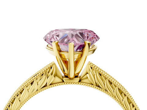 Yellow gold Fancy Pink Heart Cut Solitaire Milgrain Engraved Band with Four-Prong Setting_4