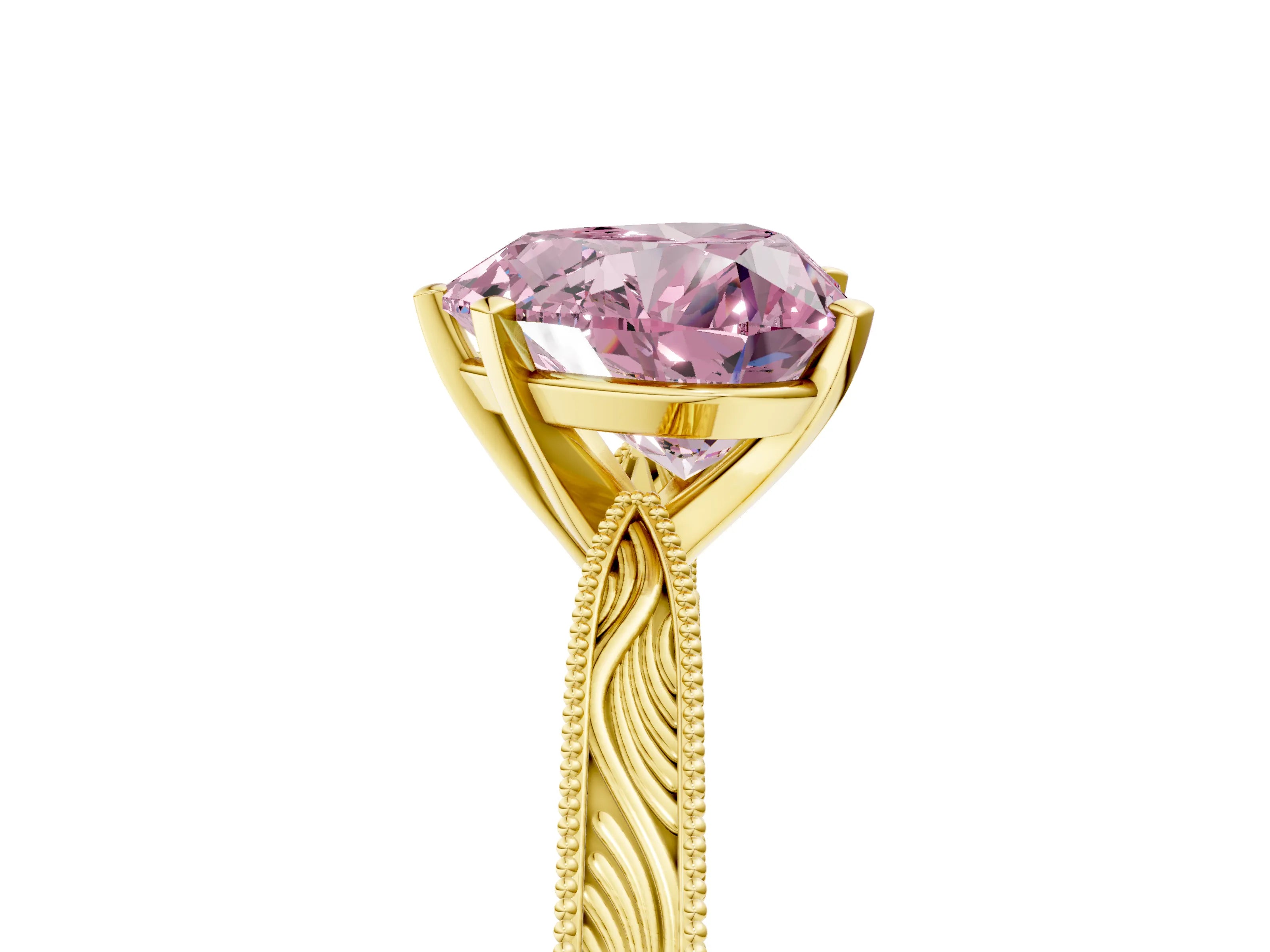 Yellow gold Fancy Pink Heart Cut Solitaire Milgrain Engraved Band with Four-Prong Setting_5