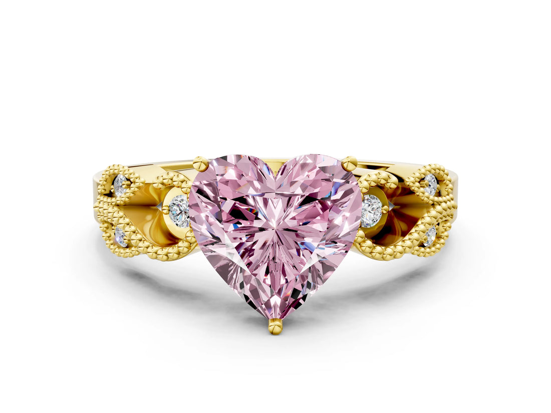Yellow gold Fancy Pink Heart Cut Solitaire Milgrain Leaf Band with Prong Setting