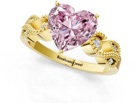 Yellow gold Fancy Pink Heart Cut Solitaire Milgrain Leaf Band with Prong Setting_1