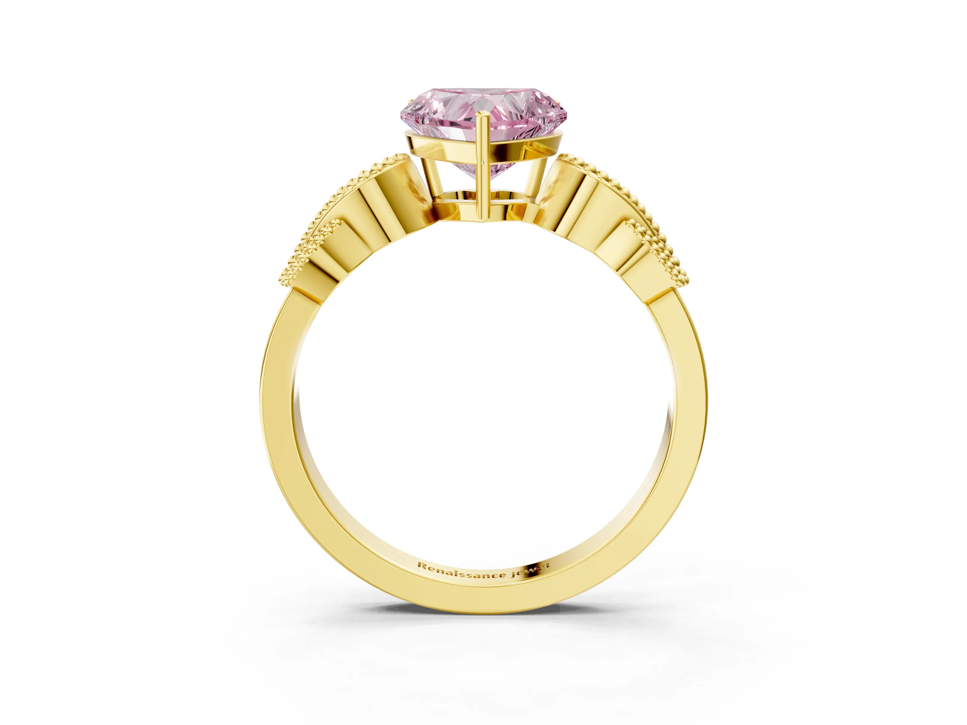 Yellow gold Fancy Pink Heart Cut Solitaire Milgrain Leaf Band with Prong Setting_3