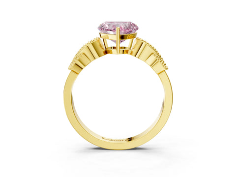 Yellow gold Fancy Pink Heart Cut Solitaire Milgrain Leaf Band with Prong Setting_3