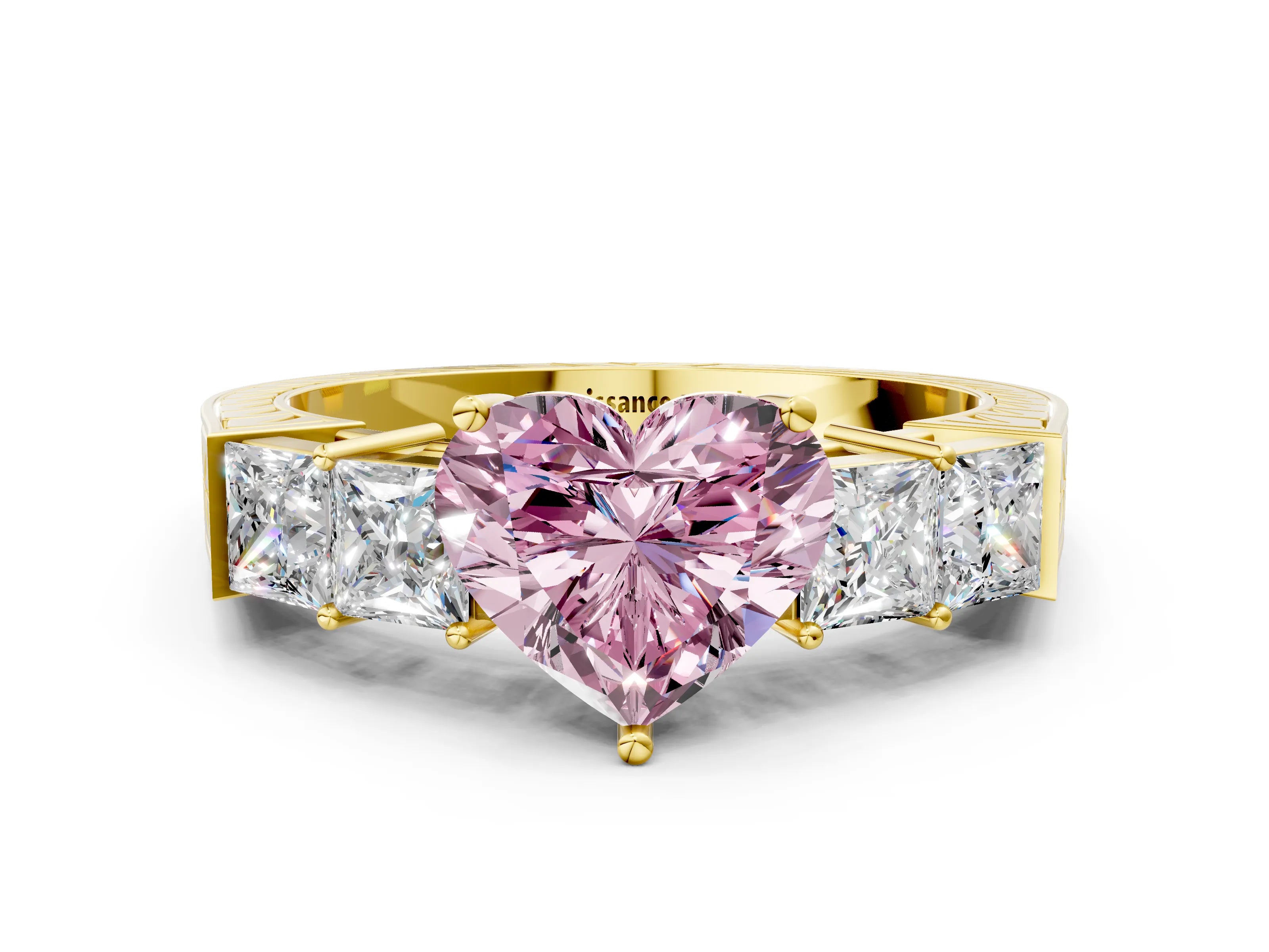 Yellow gold Fancy Pink Heart Cut Solitaire Princess Side Stone Engraved Band Prong Setting Ring