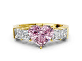 Yellow gold Fancy Pink Heart Cut Solitaire Princess Side Stone Engraved Band Prong Setting Ring