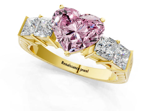 Yellow gold Fancy Pink Heart Cut Solitaire Princess Side Stone Engraved Band Prong Setting Ring_1