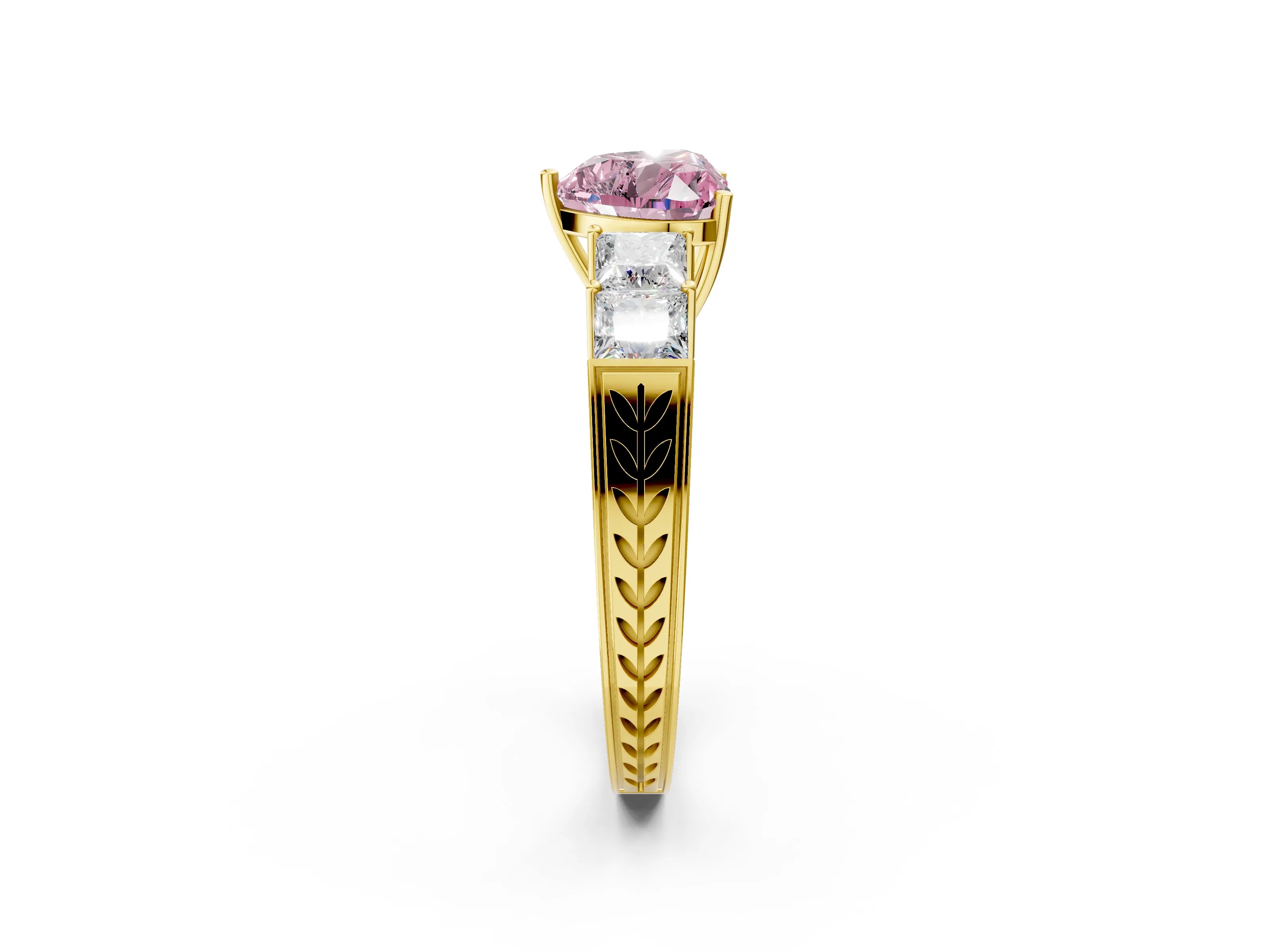 Yellow gold Fancy Pink Heart Cut Solitaire Princess Side Stone Engraved Band Prong Setting Ring_2