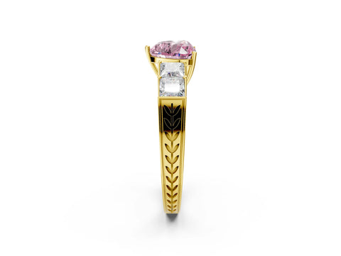 Yellow gold Fancy Pink Heart Cut Solitaire Princess Side Stone Engraved Band Prong Setting Ring_2