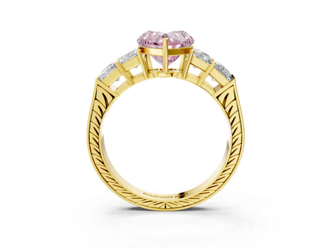 Yellow gold Fancy Pink Heart Cut Solitaire Princess Side Stone Engraved Band Prong Setting Ring_3