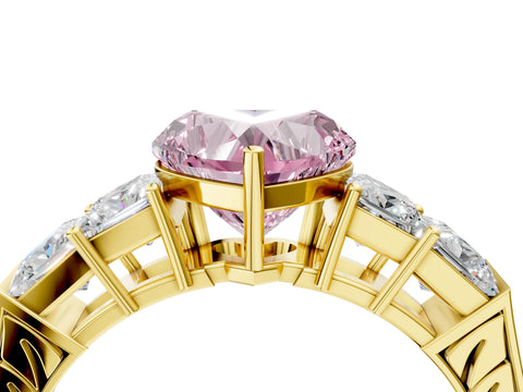 Yellow gold Fancy Pink Heart Cut Solitaire Princess Side Stone Engraved Band Prong Setting Ring_4
