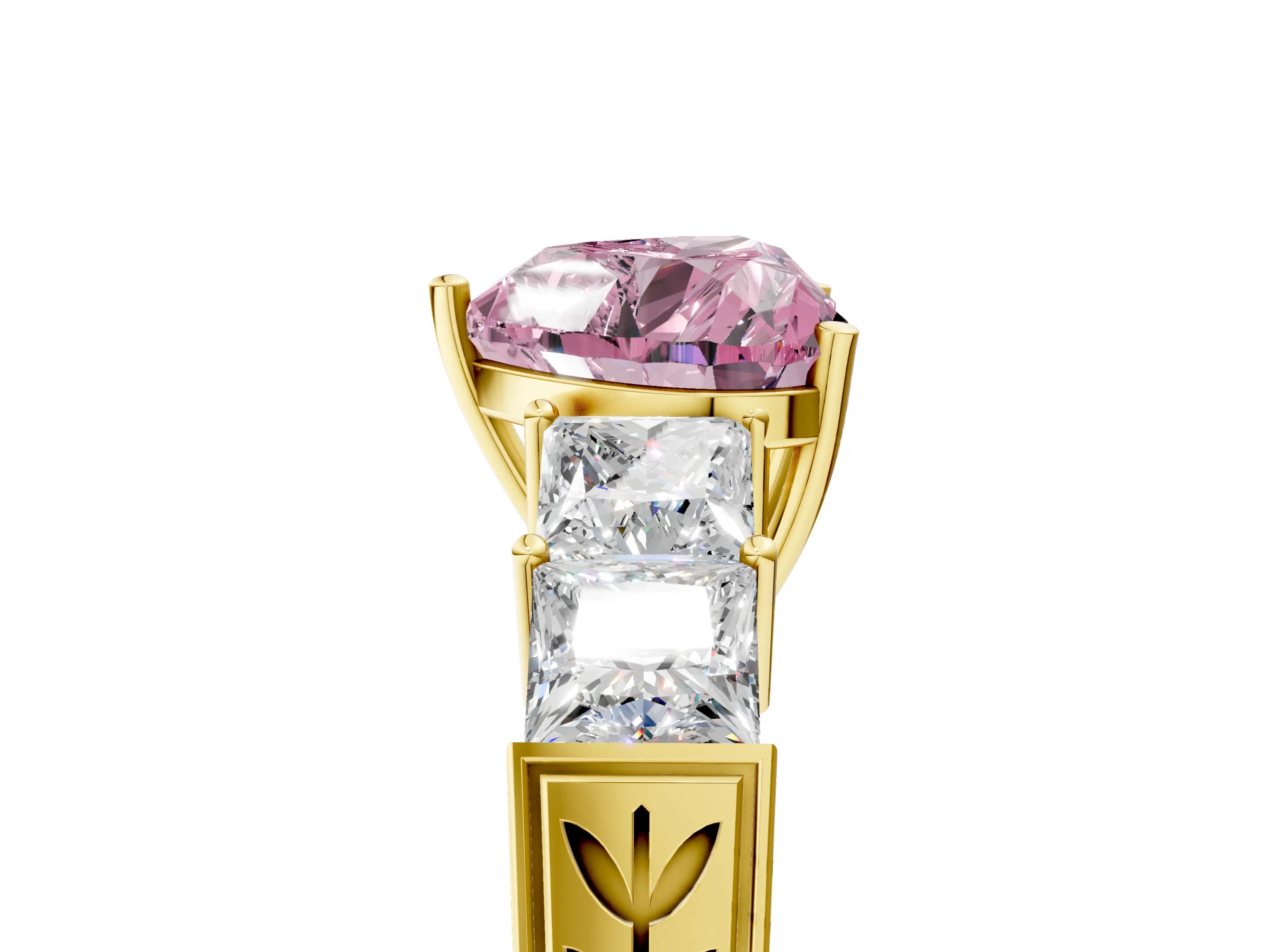 Yellow gold Fancy Pink Heart Cut Solitaire Princess Side Stone Engraved Band Prong Setting Ring_5