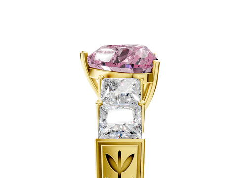 Yellow gold Fancy Pink Heart Cut Solitaire Princess Side Stone Engraved Band Prong Setting Ring_5