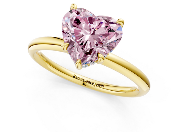 Yellow gold Fancy Pink Heart Cut Diamond Solitaire Ring with Thin Band and Four-Prong Setting