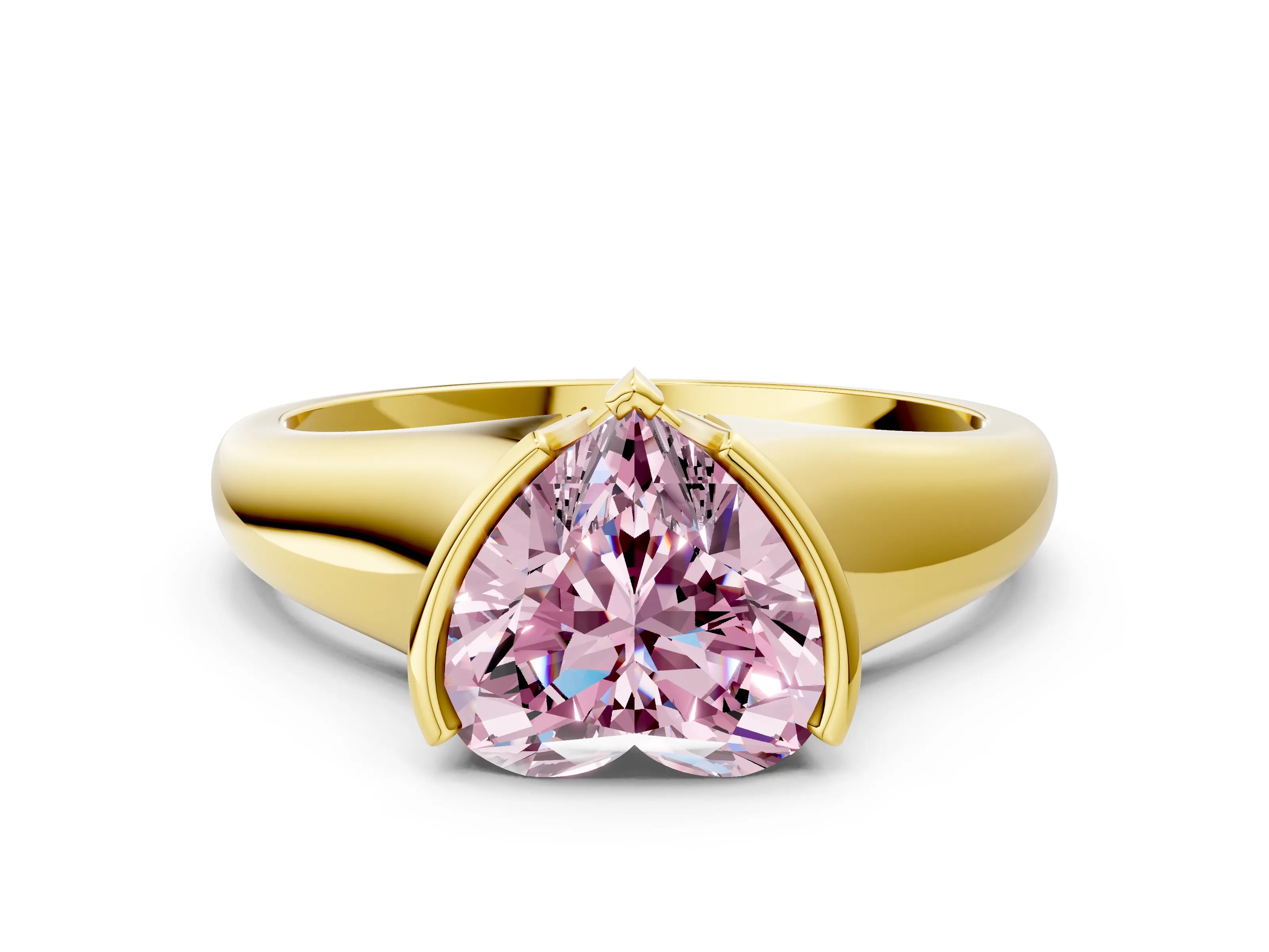 Yellow gold Fancy Pink Heart Cut Solitaire Tension Set Diamond Ring with Split Shank Band
