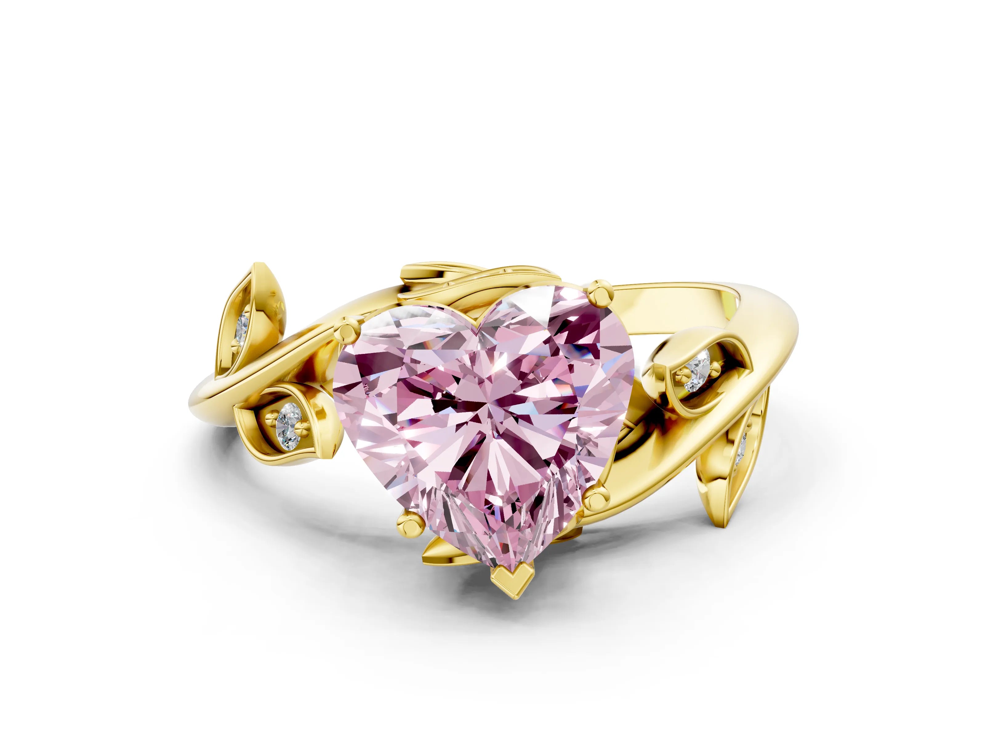 Yellow gold Fancy Pink Heart Cut Solitaire Twist Engagement Ring with Leaf Accents and Prong Setting_12