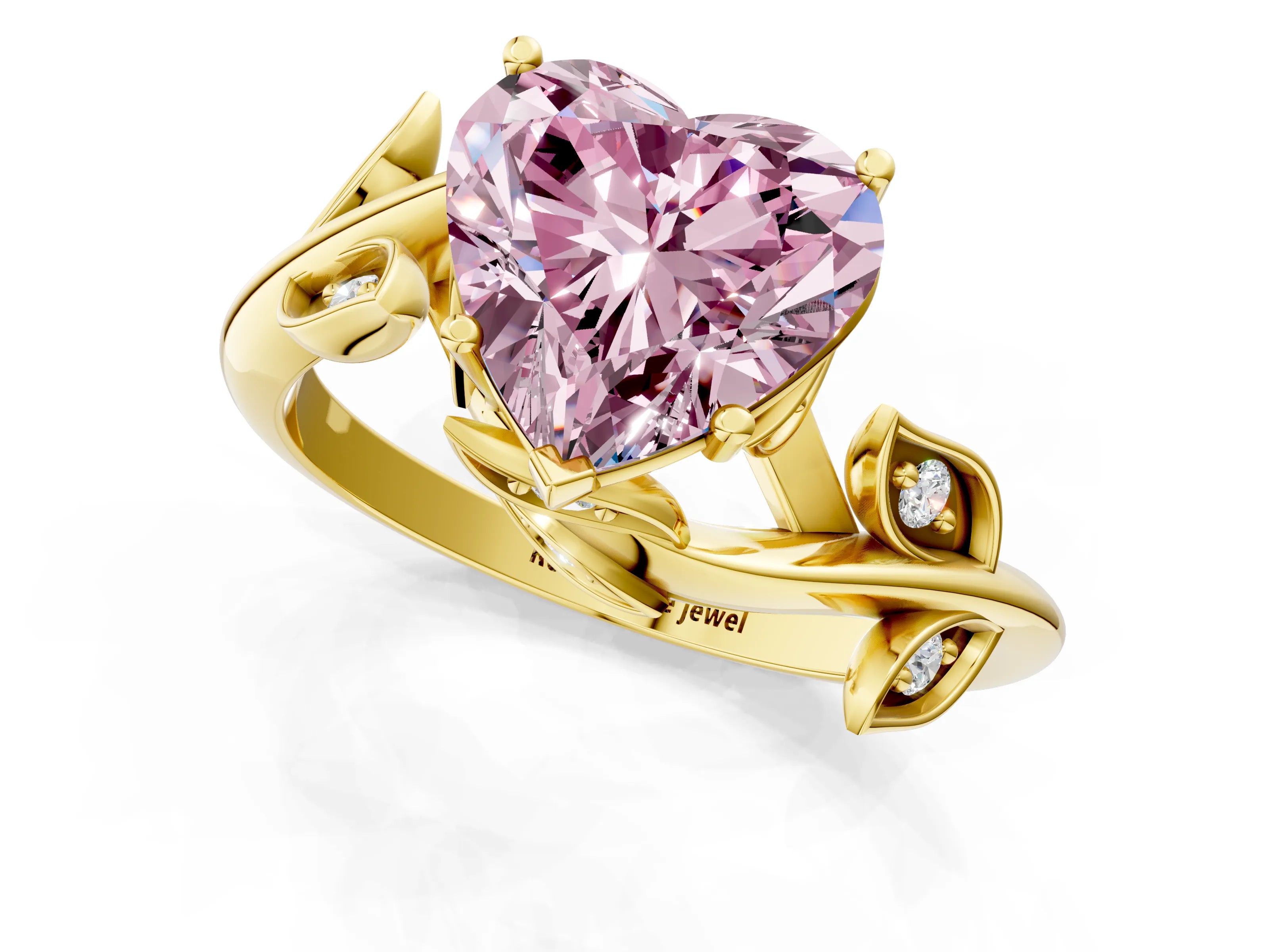 Yellow gold Fancy Pink Heart Cut Solitaire Twist Engagement Ring with Leaf Accents and Prong Setting_13