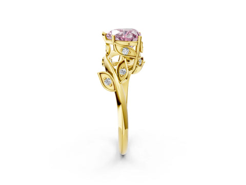 Yellow gold Fancy Pink Heart Cut Solitaire Twist Engagement Ring with Leaf Accents and Prong Setting_14