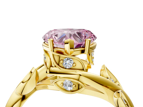 Yellow gold Fancy Pink Heart Cut Solitaire Twist Engagement Ring with Leaf Accents and Prong Setting_16