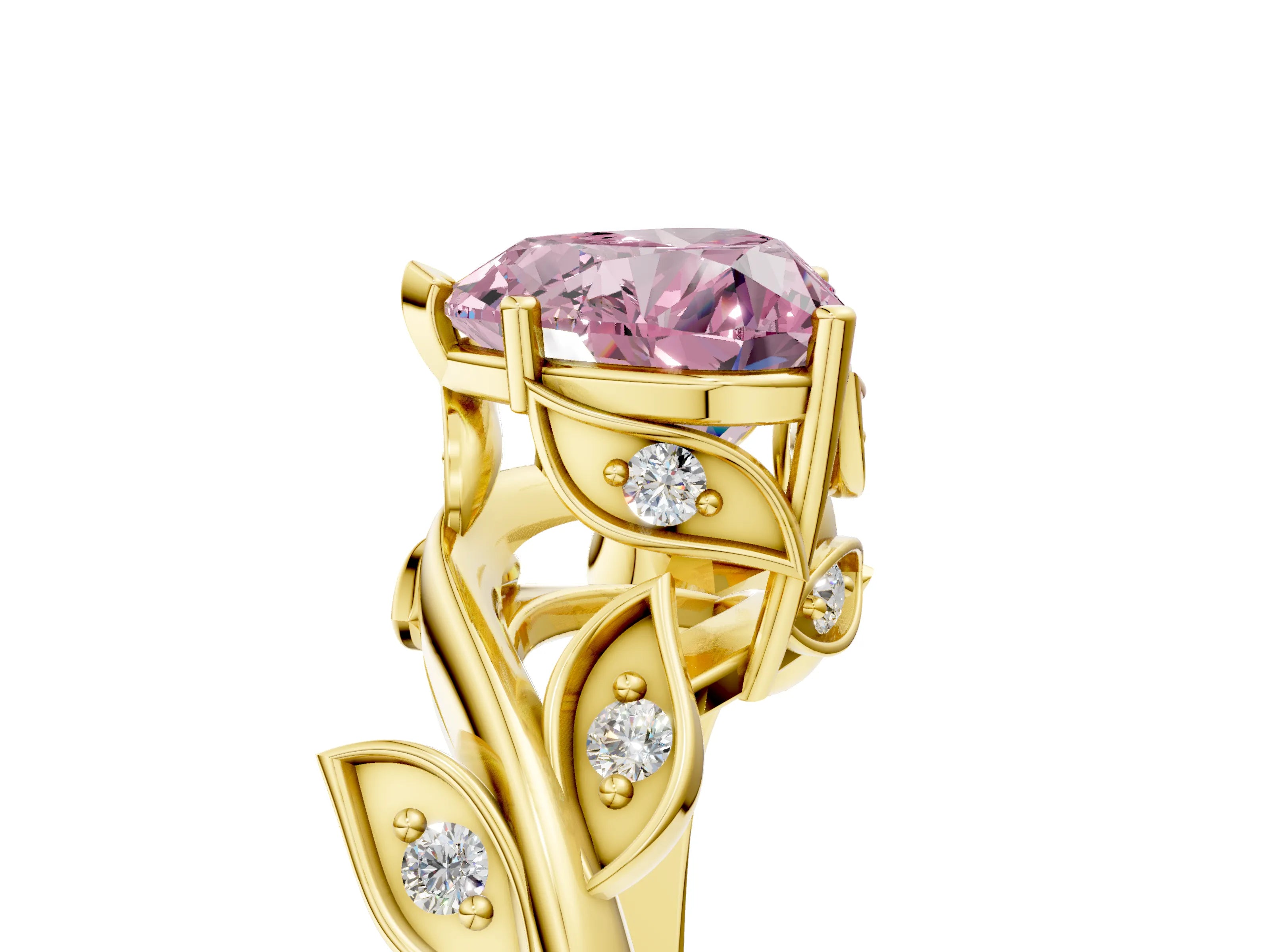 Yellow gold Fancy Pink Heart Cut Solitaire Twist Engagement Ring with Leaf Accents and Prong Setting_17
