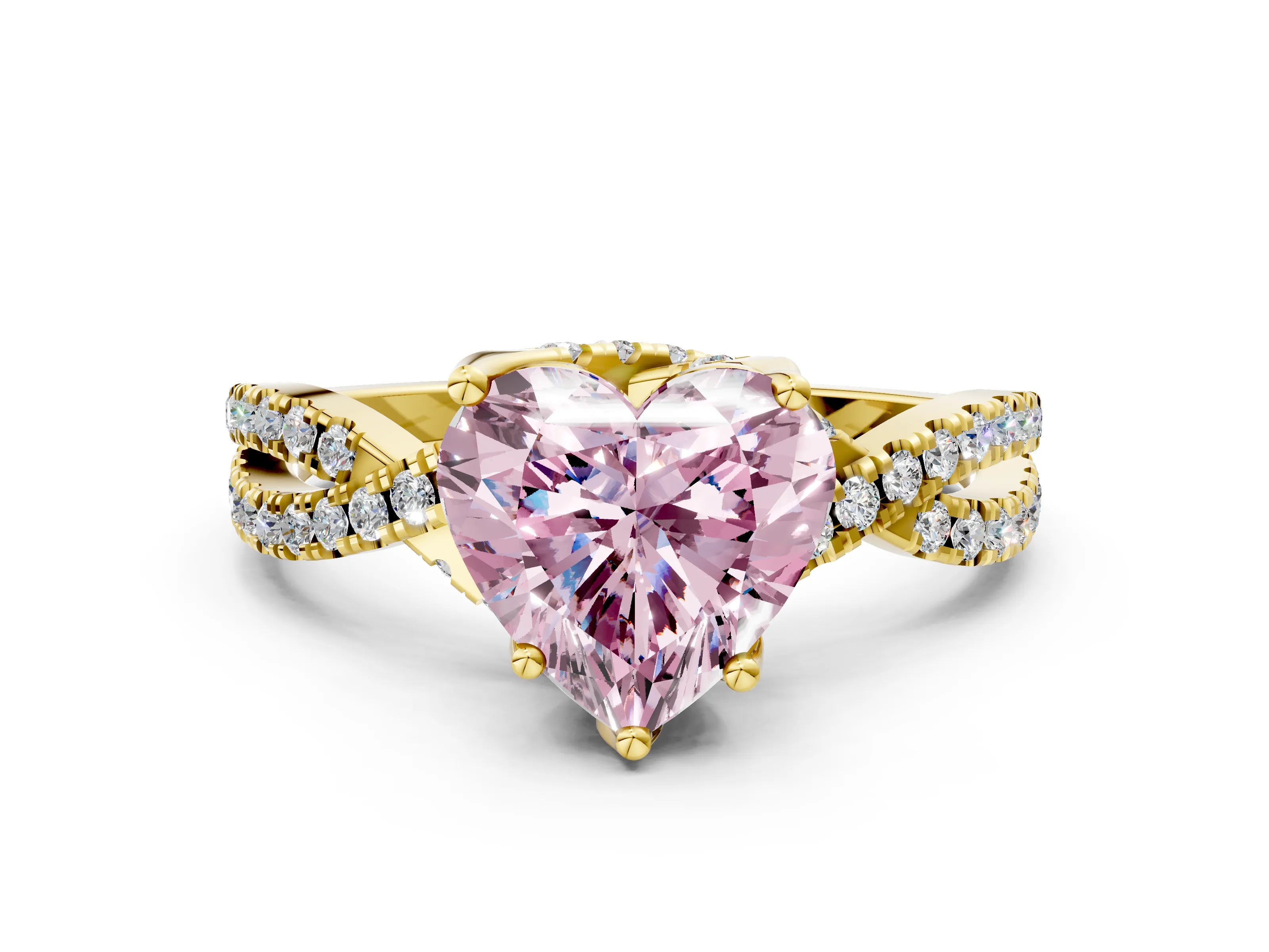Yellow gold Fancy Pink Heart Cut Solitaire Twist Pave Diamond Engagement Ring with Prong Setting