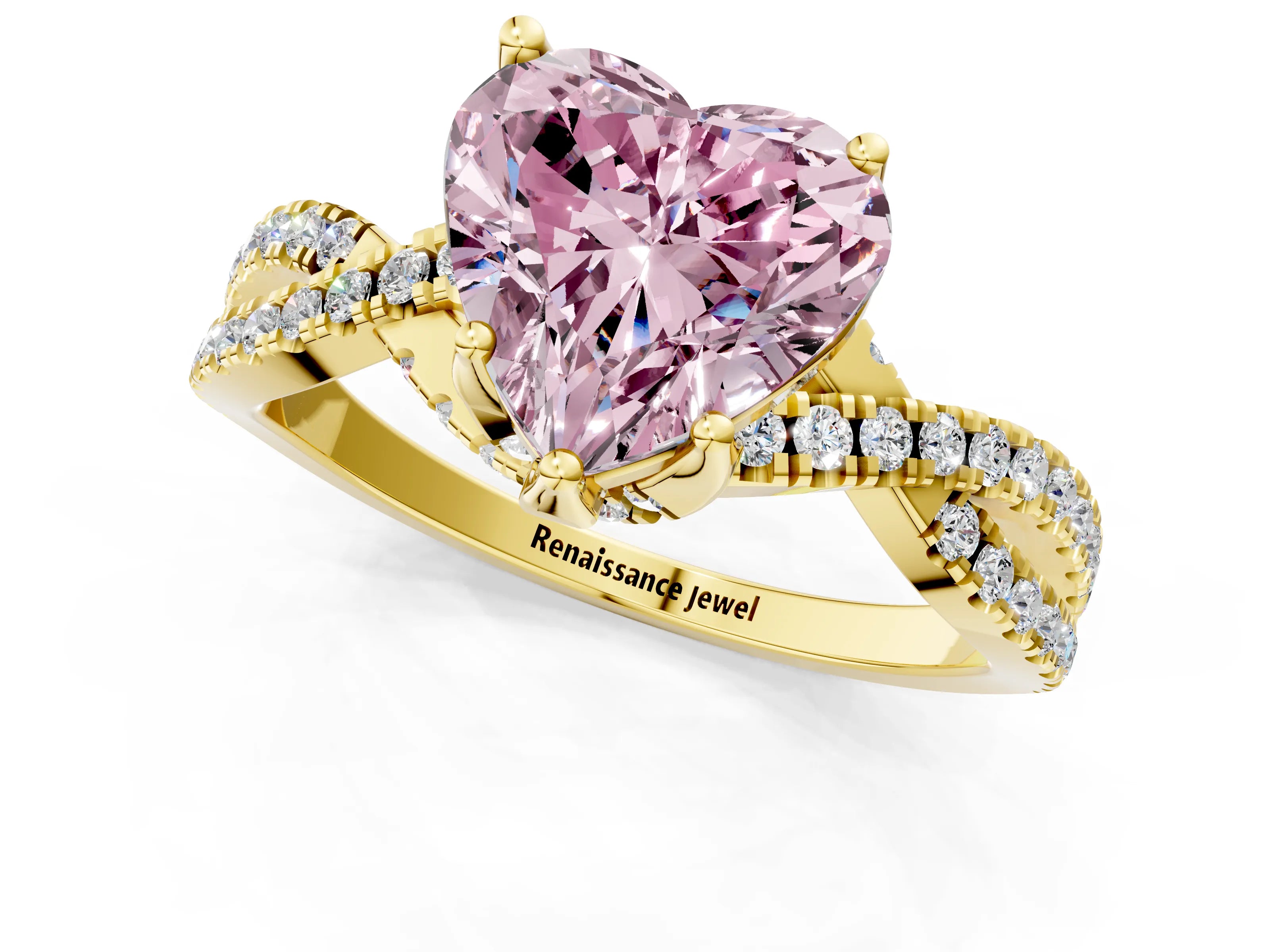 Yellow gold Fancy Pink Heart Cut Solitaire Twist Pave Diamond Engagement Ring with Prong Setting_1
