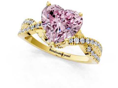 Yellow gold Fancy Pink Heart Cut Solitaire Twist Pave Diamond Engagement Ring with Prong Setting_25