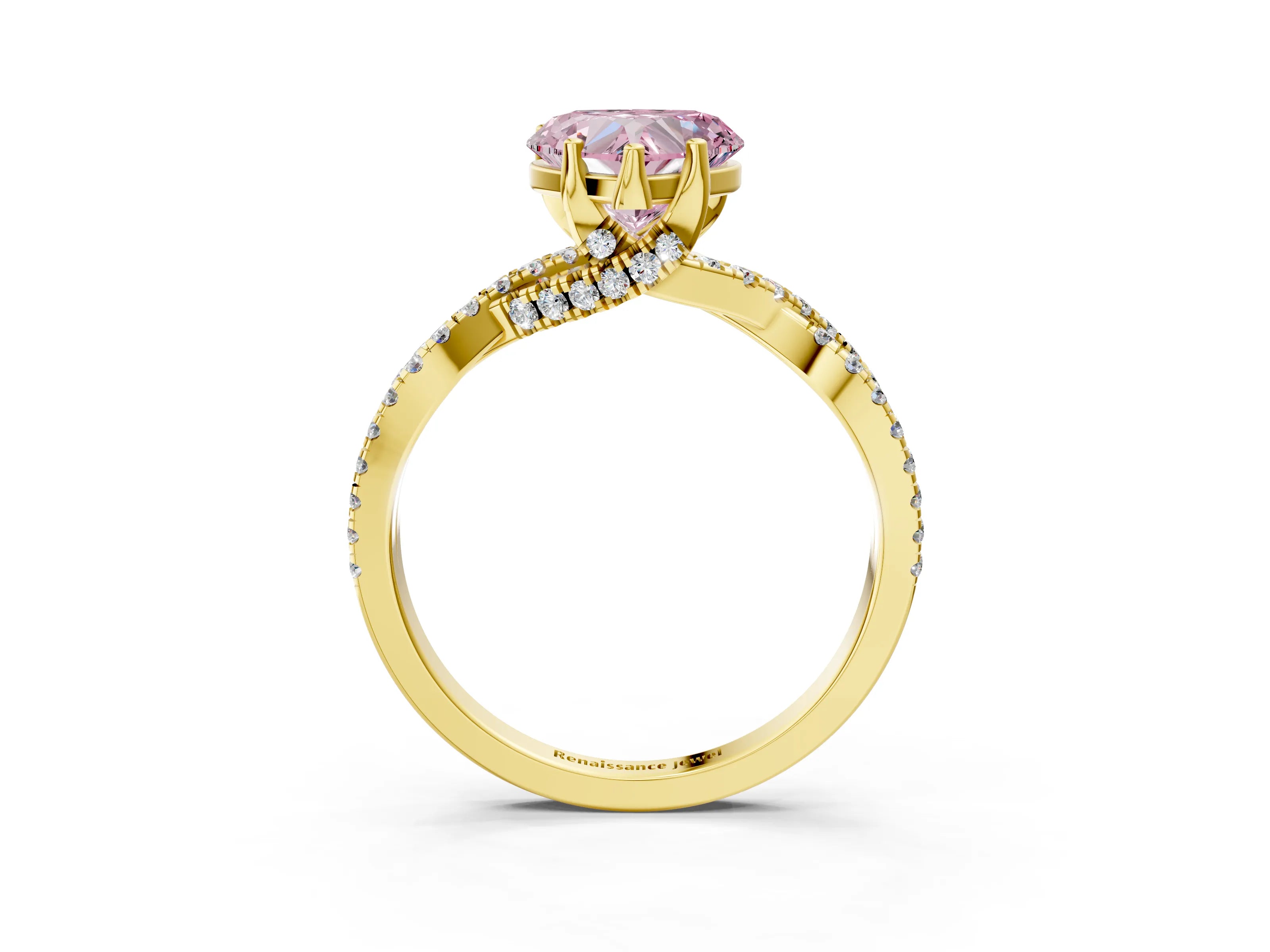 Yellow gold Fancy Pink Heart Cut Solitaire Twist Pave Diamond Engagement Ring with Prong Setting_3