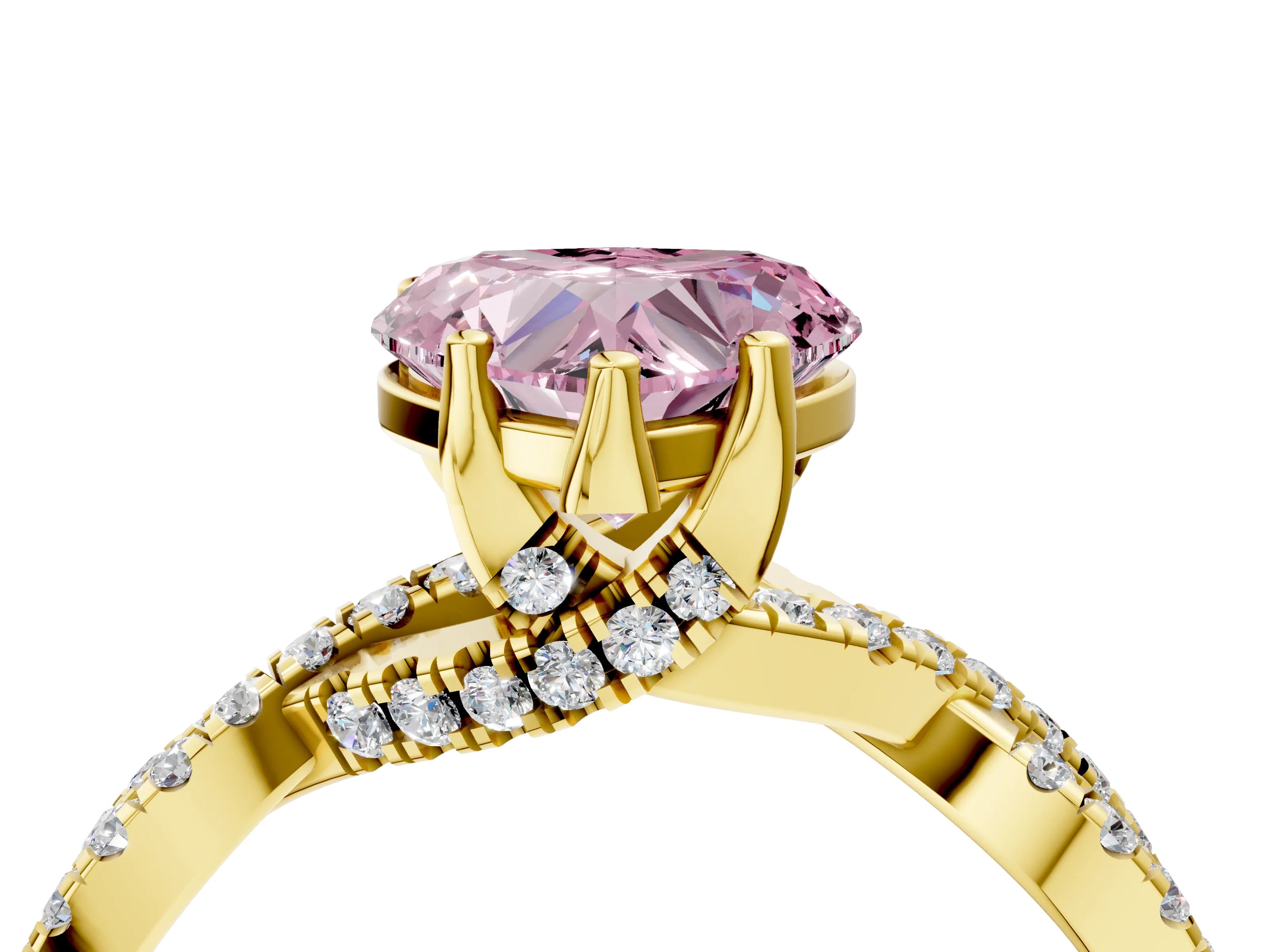 Yellow gold Fancy Pink Heart Cut Solitaire Twist Pave Diamond Engagement Ring with Prong Setting_4