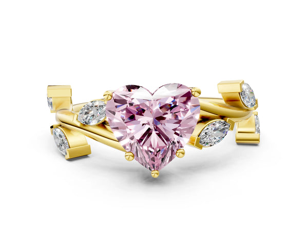 Yellow gold Fancy Pink Heart Cut Solitaire Twisted Band Marquise Accent Prong Setting Ring