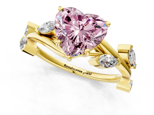 Yellow gold Fancy Pink Heart Cut Solitaire Twisted Band Marquise Accent Prong Setting Ring