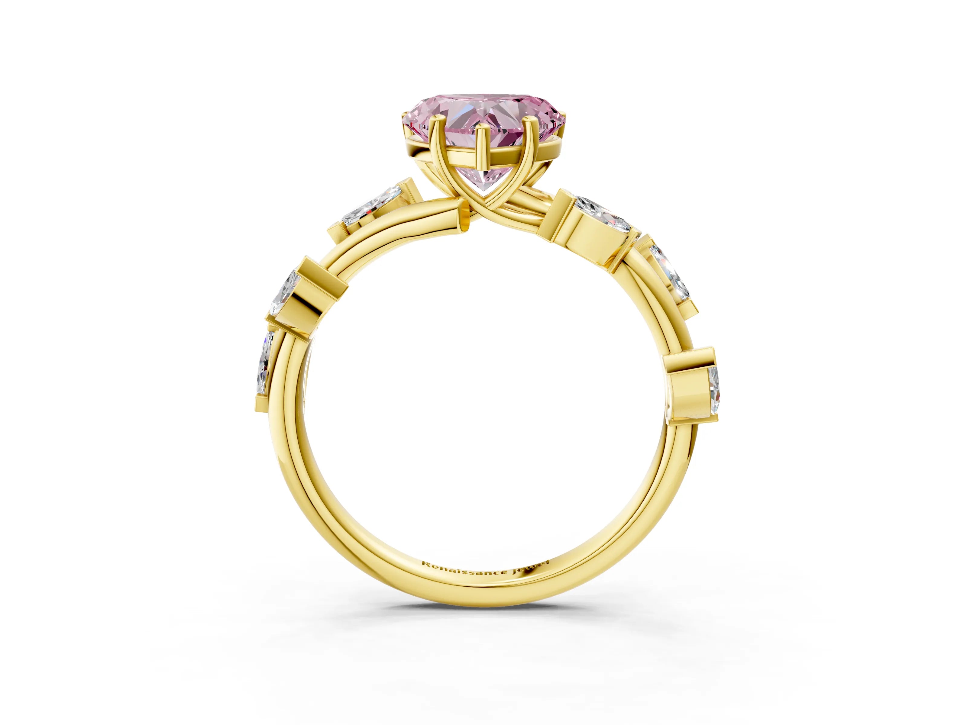 Yellow gold Fancy Pink Heart Cut Solitaire Twisted Band Marquise Accent Prong Setting Ring_3