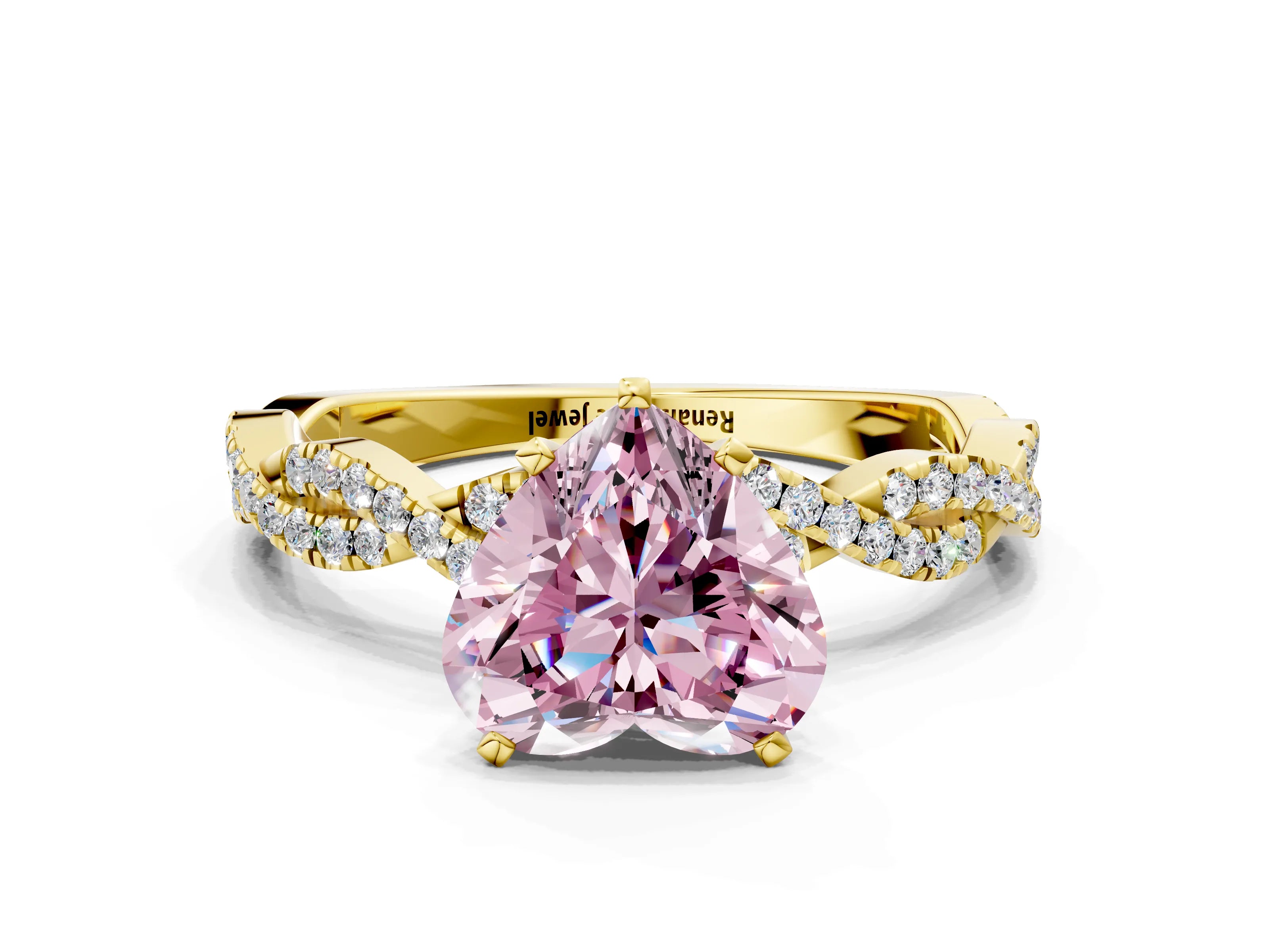 Yellow gold Fancy Pink Heart Cut Solitaire Twisted Pave Band with Four-Prong Setting_3