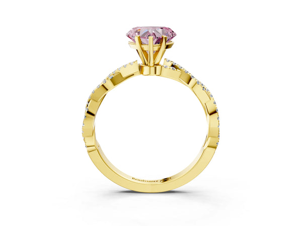 Yellow gold Fancy Pink Heart Cut Solitaire Twisted Pave Band with Four-Prong Setting
