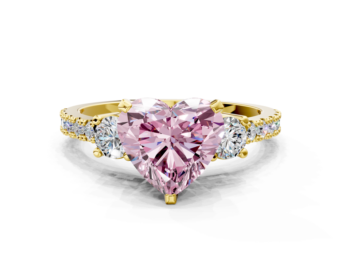Yellow gold Fancy Pink Heart  Cut Three-Stone Diamond Pavé Band with Prong Setting_17