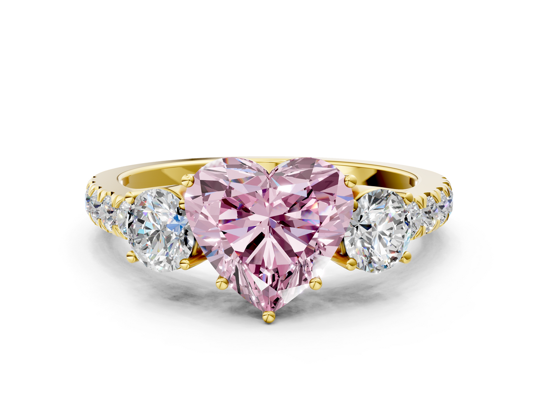 Yellow gold Fancy Pink Heart  Cut Three-Stone Diamond Pave Band with Prong Setting_32