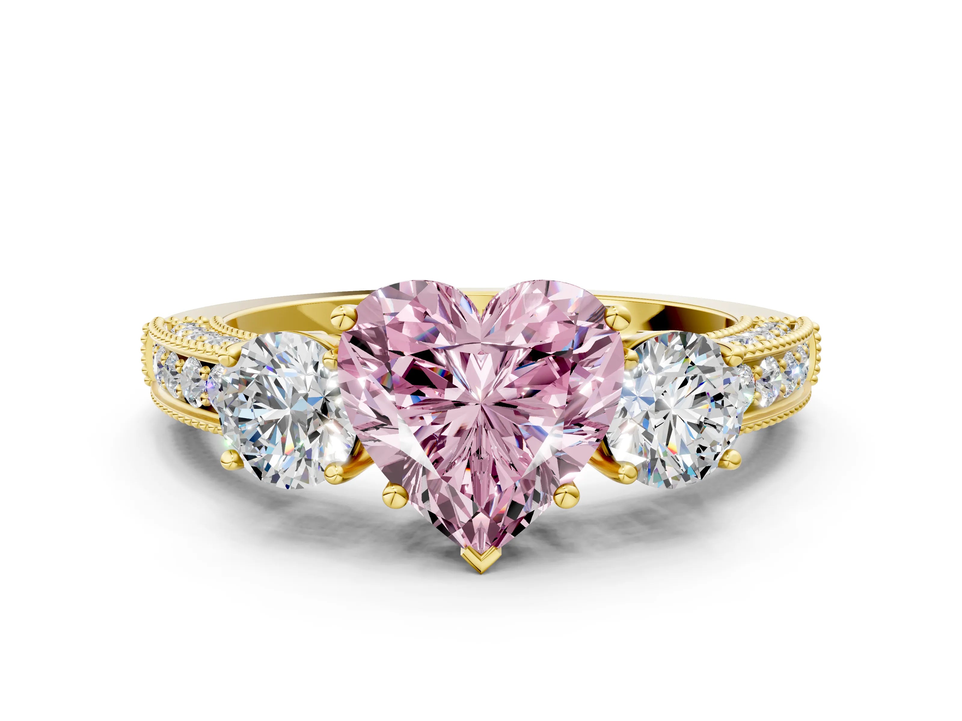Yellow gold Fancy Pink Heart Cut Three-Stone Diamond Ring with Pavé Band and Four-Prong Setting