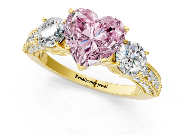 Yellow gold Fancy Pink Heart Cut Three-Stone Diamond Ring with Pavé Band and Four-Prong Setting